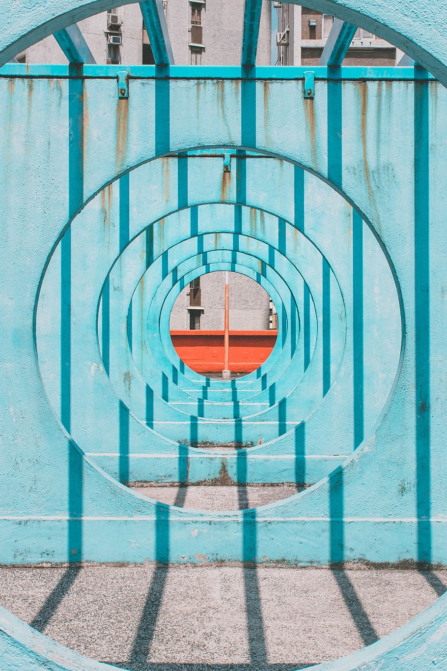 blue tunnel, architectural photography of blue steel frame, symmetry