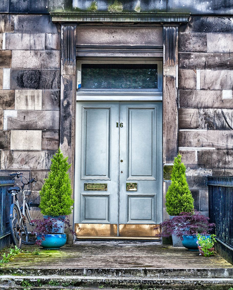 photography of grey door, doorway, plants, home, apartment, hdr, HD wallpaper