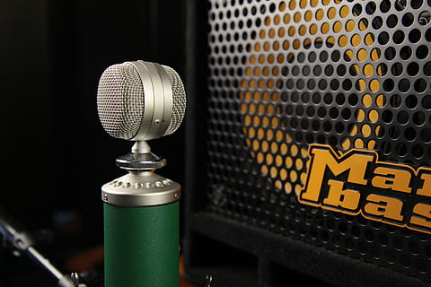 gray and green microphone in front of speaker, blue, kiwi, studio HD wallpaper