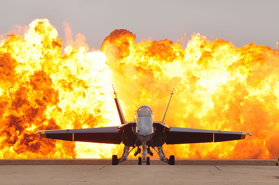 gray fighter aircraft, air show pyrotechnics, military jet, f-18
