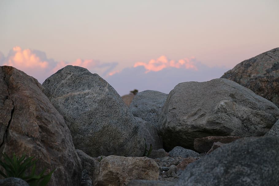 boulders, beach, shore, clouds, blue, nature, mountain, rock - Object HD wallpaper