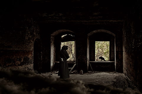 person wearing gray robe standing near window, man, ruin, castle HD wallpaper