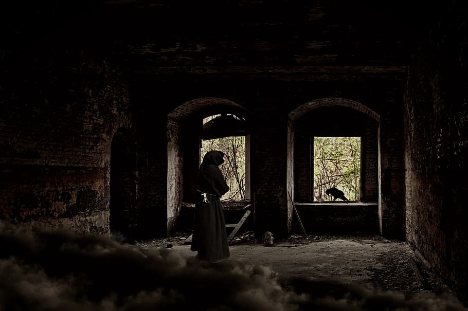 person wearing gray robe standing near window, man, ruin, castle HD wallpaper