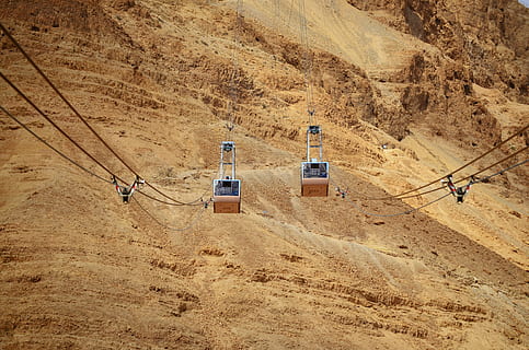 brown cable car, two brown cable cars, mountain, cord, ridge HD wallpaper