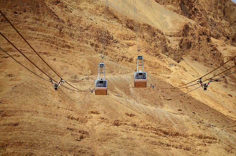 brown cable car, two brown cable cars, mountain, cord, ridge HD wallpaper
