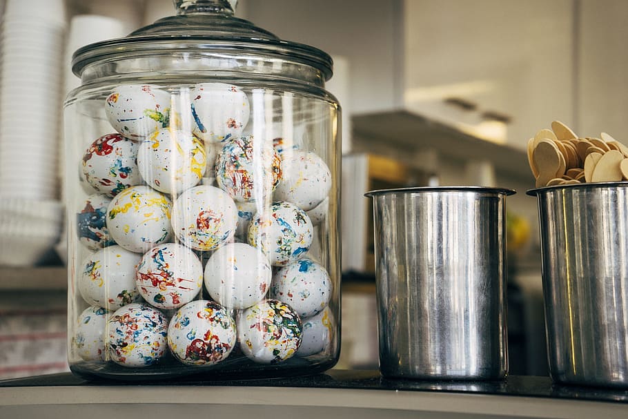candy, jar, glass, eggs, decoration, kitchen, food, bowl, stainless steel HD wallpaper