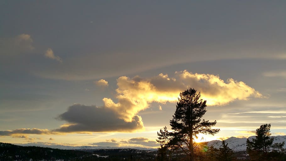 clouds, mountain, winter, sunset, norway, evening, silhouette HD wallpaper