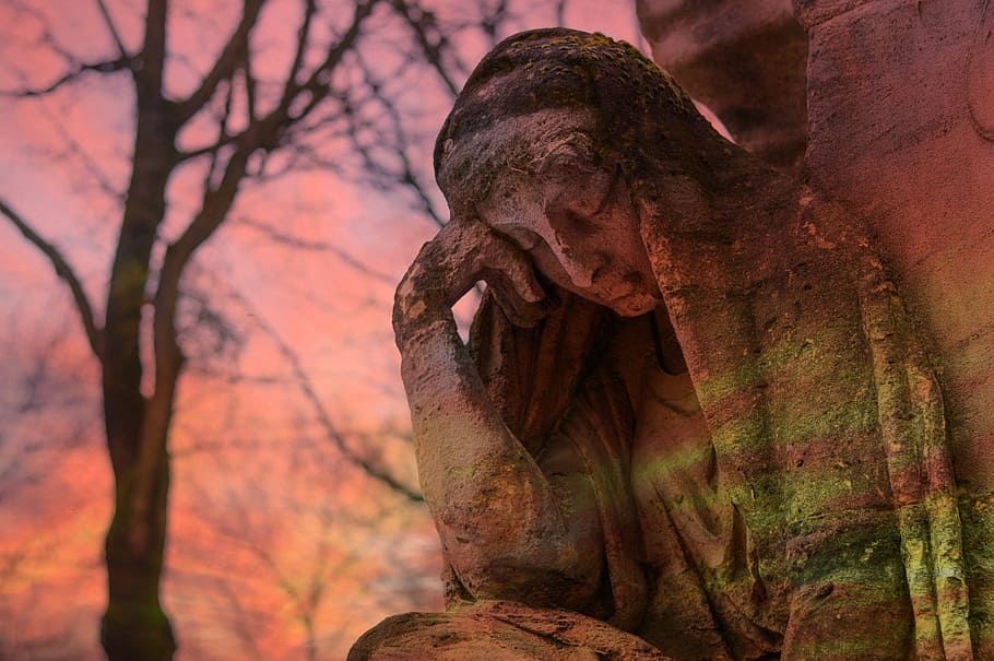 statue of woman during sunset, rau, sculpture, stone figure, cemetery, HD wallpaper