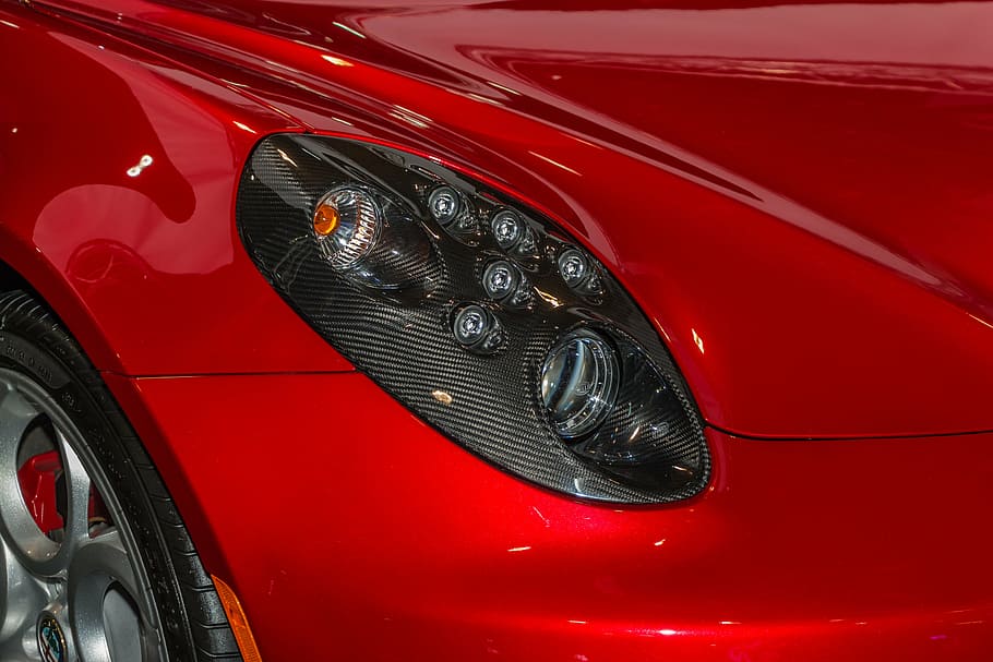 close-up photo of gray car headlight, lamp, bright, red, land Vehicle HD wallpaper