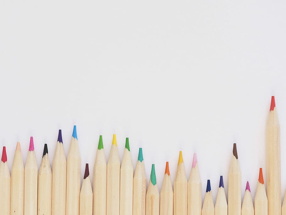 colored pencil lined up on top of white surface, shallow focus photography of assorted-color pens, HD wallpaper