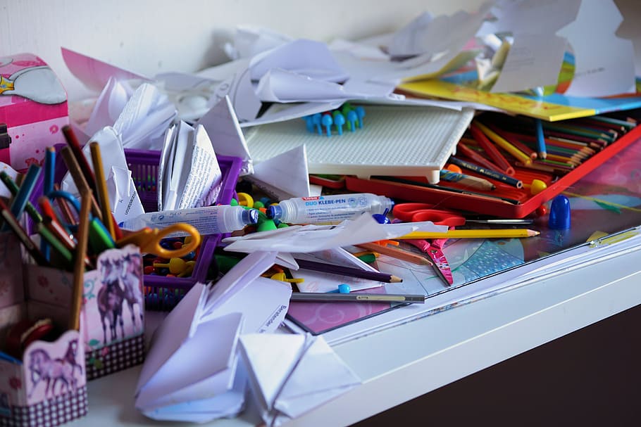 school supply on table, office, chaos, clutter, pen, adhesive HD wallpaper