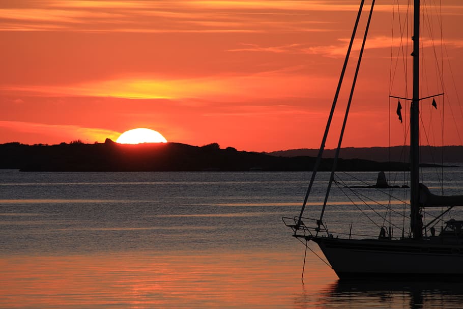 sunset, sailing vessel, sea, water, ship, lake, lighting, sky