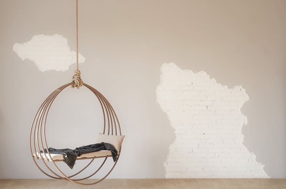 white hanging bench with stainless steel base, brown hanging bed HD wallpaper