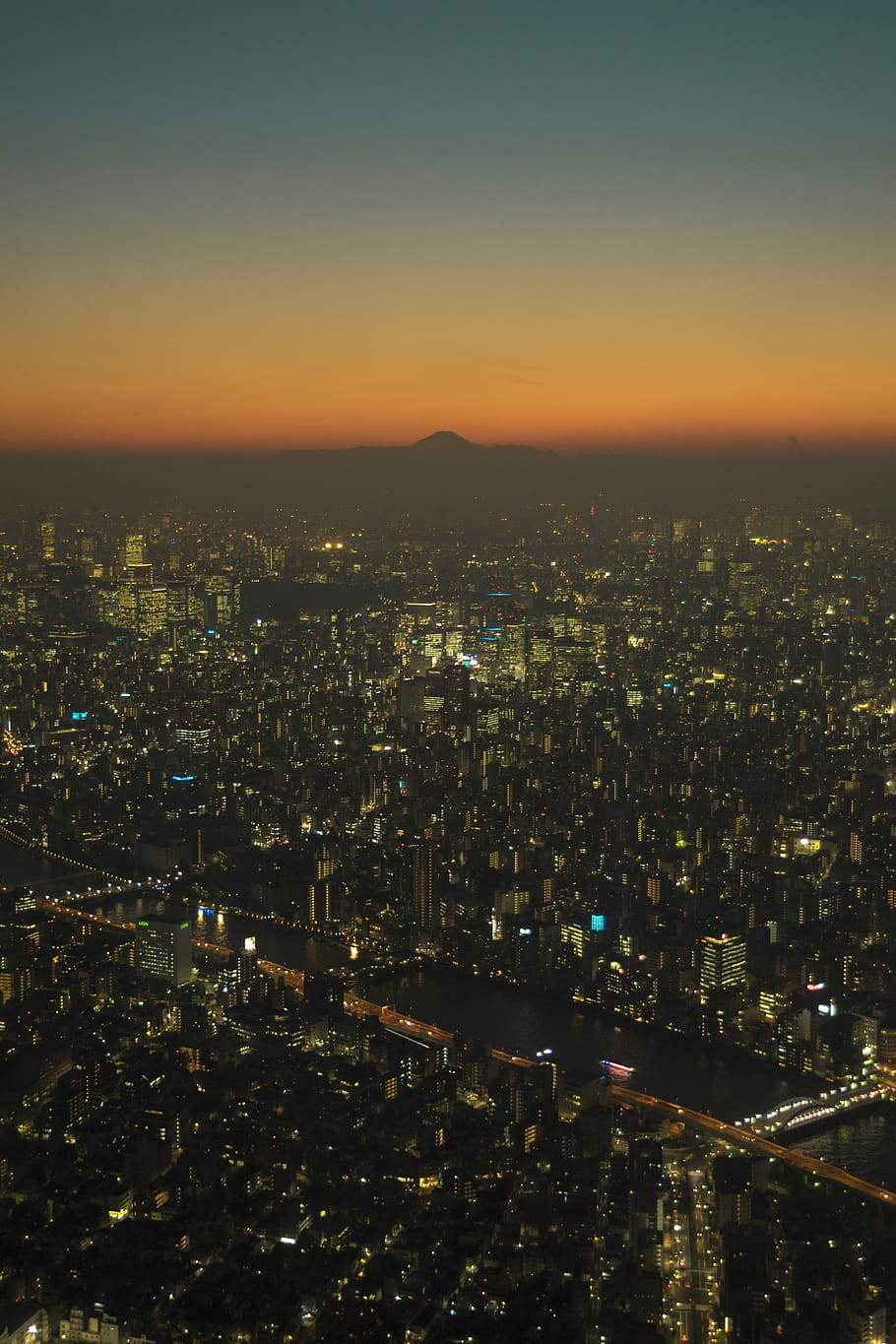 aerial photo of city beside body of water, aerial view of city buildings during nighttime HD wallpaper