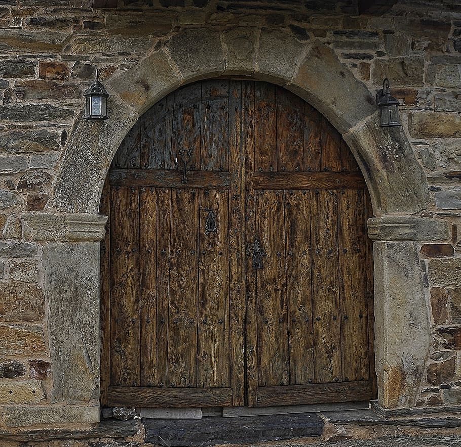closed brown wooden door, double doors, bare wood, entrance, exit