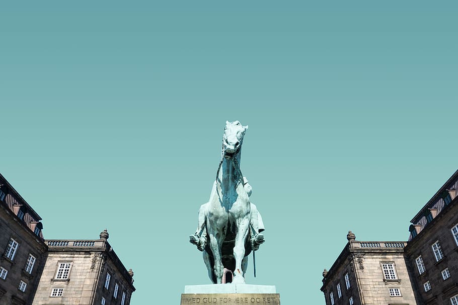 white horse statue near houses under blue sky, low angle photography of horse statue HD wallpaper