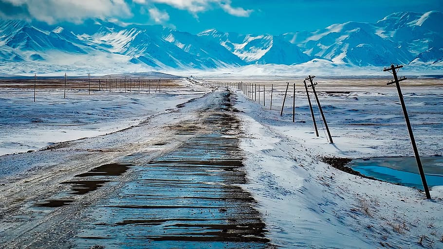 picture of snow covered mountain, mountains, ice, winter, road HD wallpaper