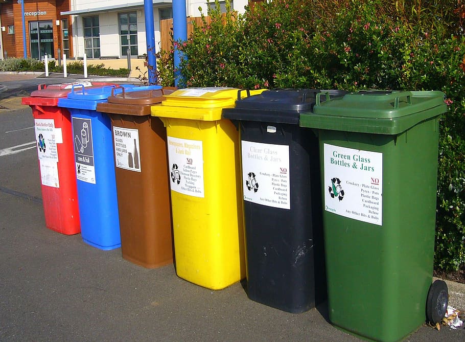 six assorted color trash bins, recycling bins, recycle, environment