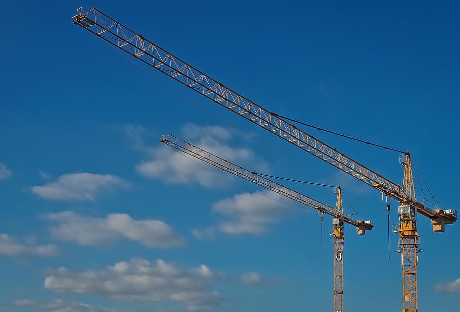 two crane tower under clear blue sky, technology, baukran, site HD wallpaper