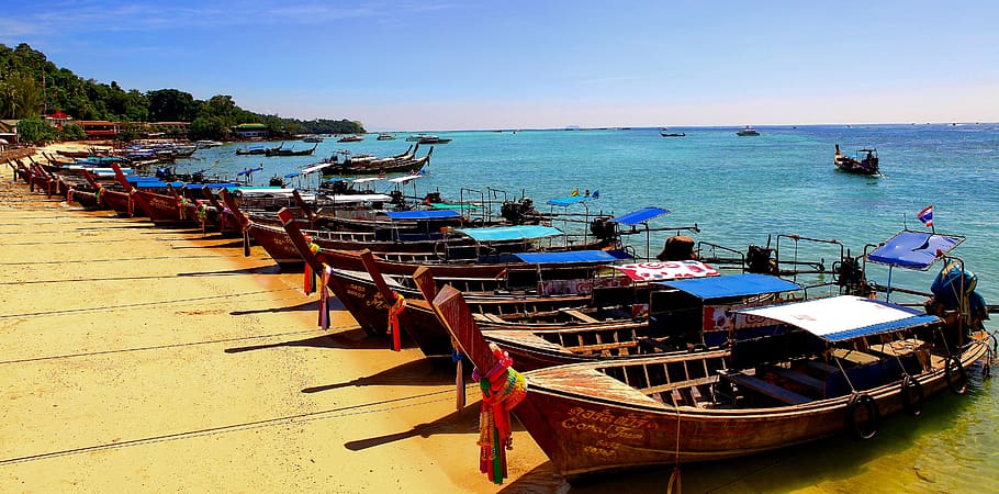 koh phi phi, long tail boats, thailand, tours, fishing, travel, HD wallpaper