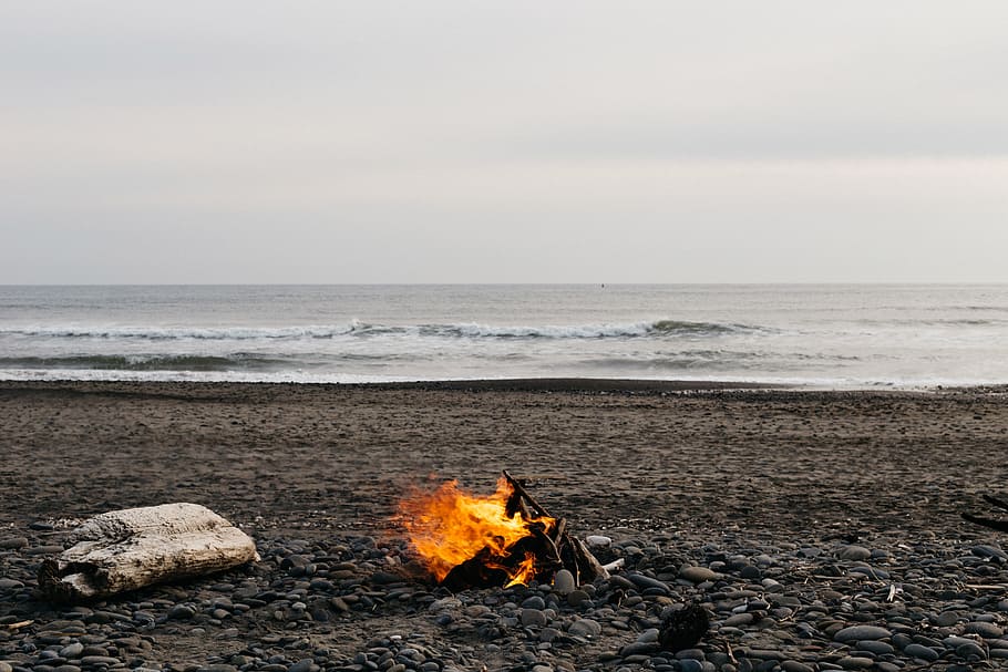 bonfire on shore near ocean water during daytime, beach, sand