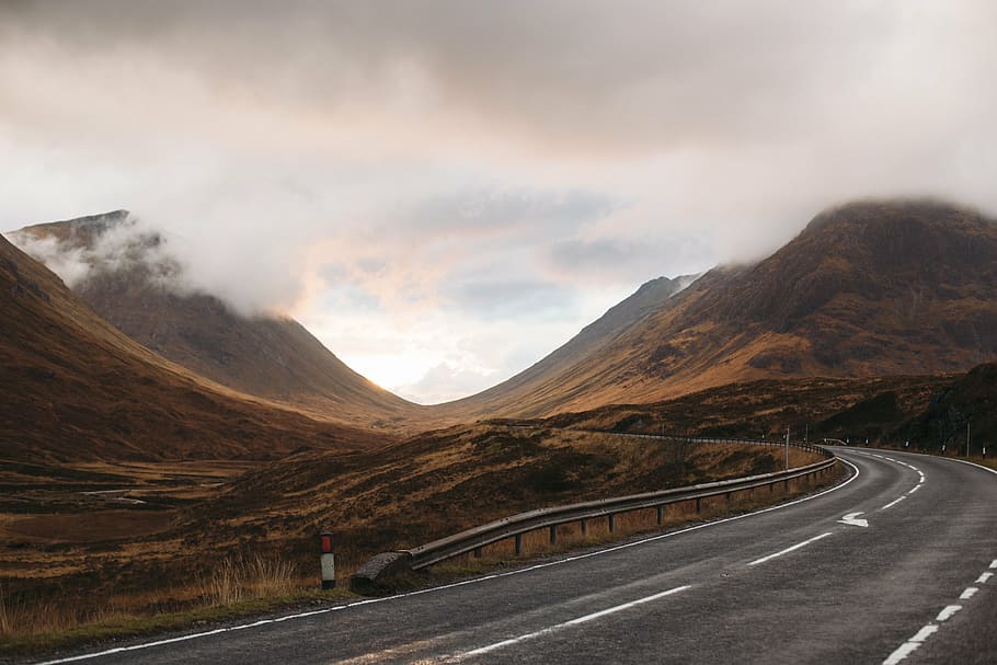 clouds, grassland, landscape, mountains, road, travel, valley HD wallpaper