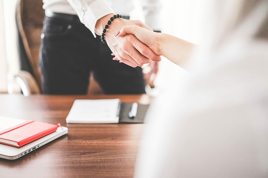 Business Man and Woman Handshake in Work Office, agency, ceo