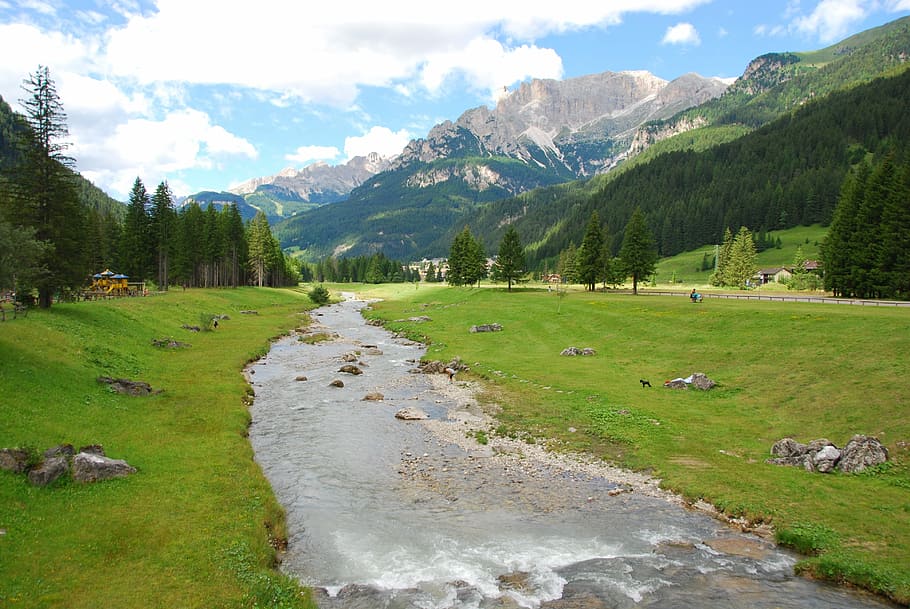 Torrent, Dolomites, Mountain, Water, prato, green, sky, clouds, HD wallpaper