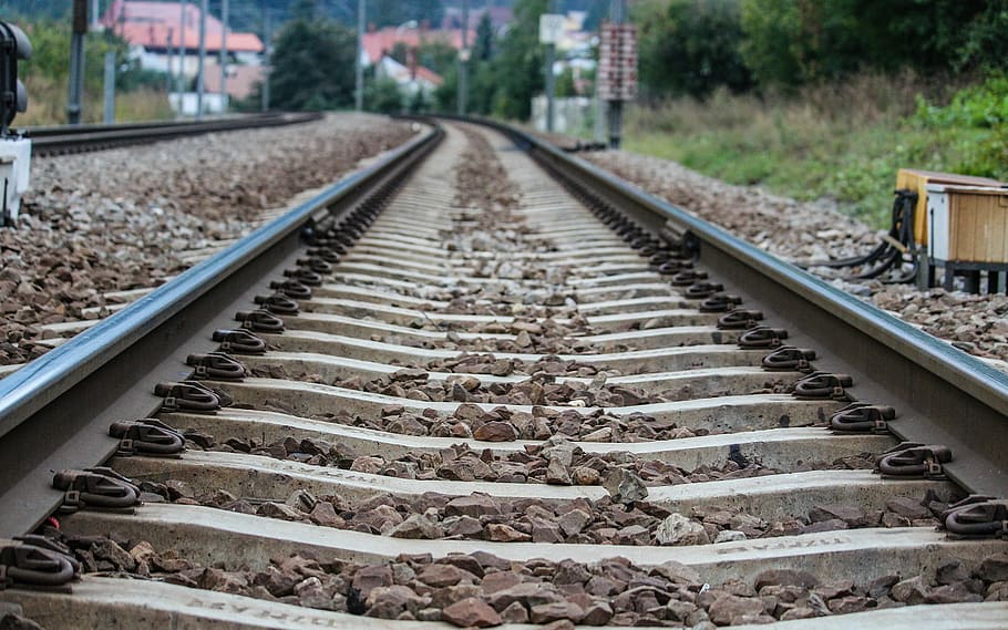 gray metal train rail at daytime, low, angle, photography, railway, HD wallpaper