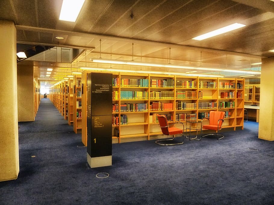 library interior with lights turned on, books, shelves, inside HD wallpaper