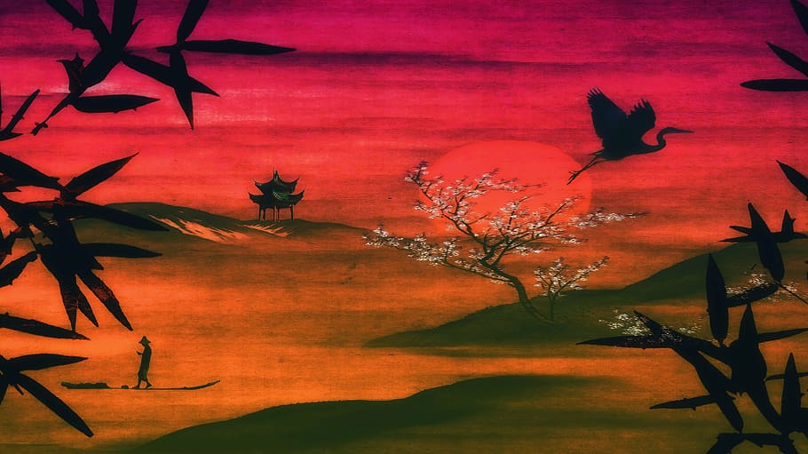 painting of bird flying, japanese, landscape, nature, asian, sky