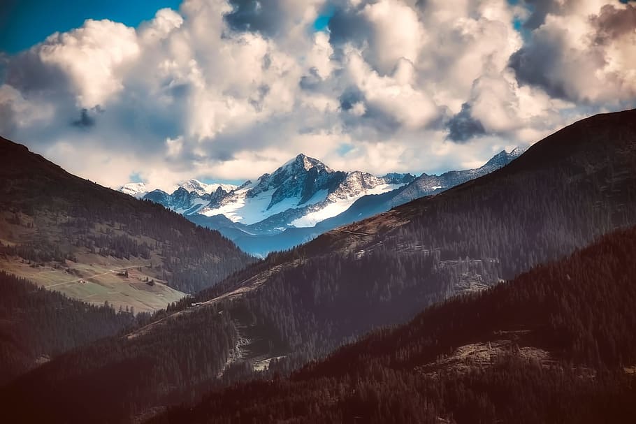 austria, mountains, sky, clouds, snow, valley, ravine, gorge HD wallpaper