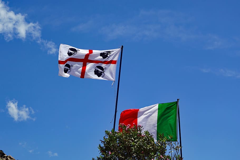 sardinia flag, sky, patriotism, low angle view, red, cloud - sky HD wallpaper