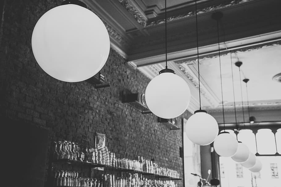 grayscale photo of pendant lamps, ceiling, lighting, interior HD wallpaper
