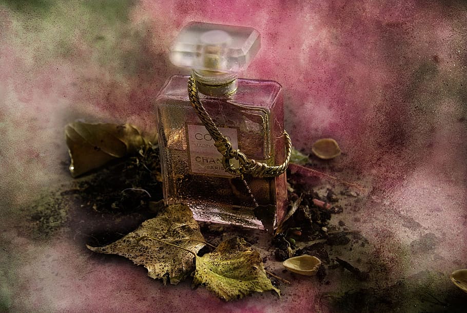 Coco Chanel fragrance bottle at mist, perfume, leaf, birthday