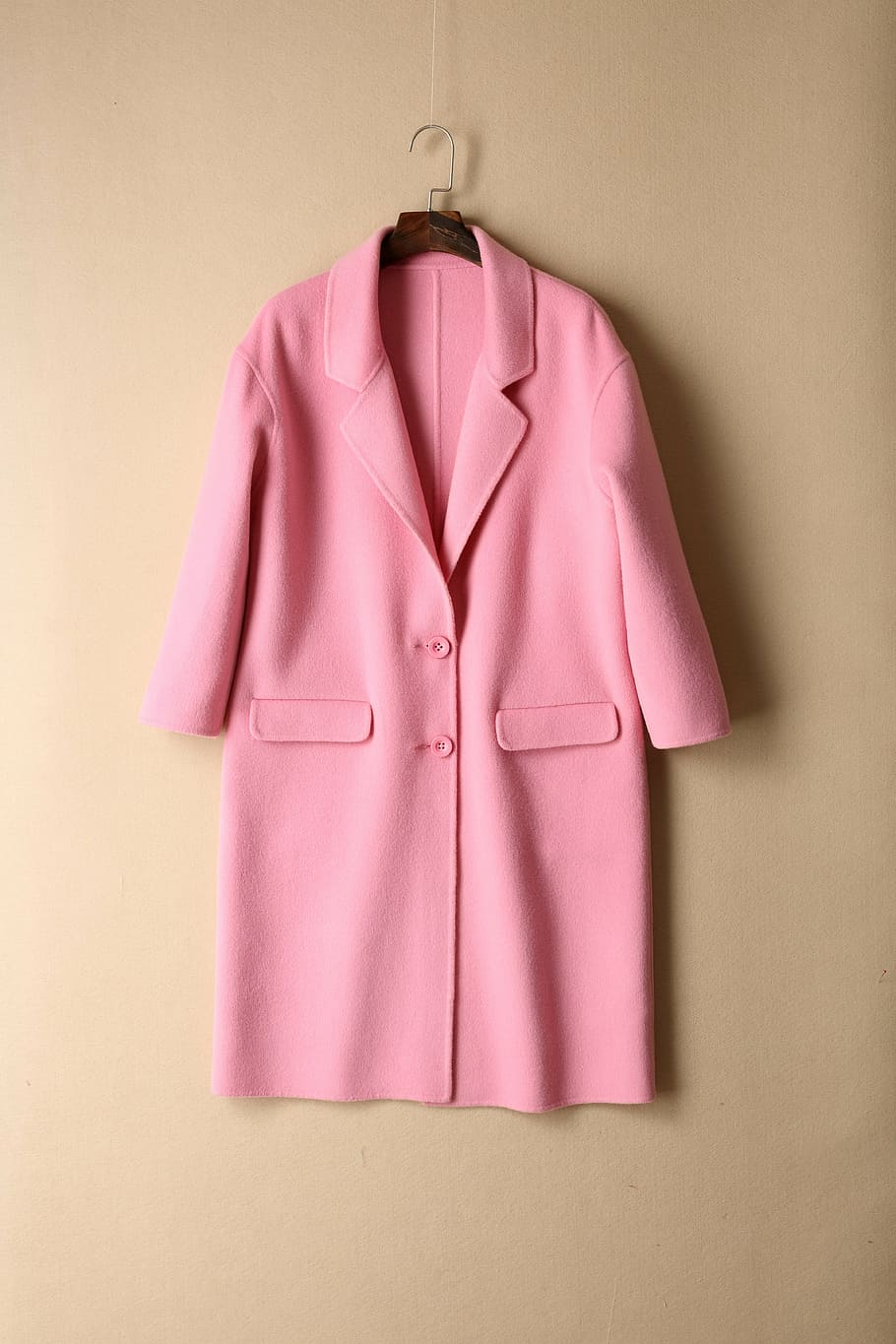 hanging pink coat on hanger, clothing, loading, figure, fashion