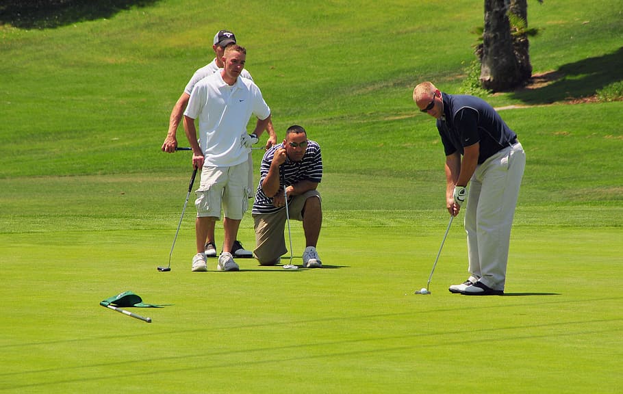 four man playing golf during daytime, Golfing, Putter, golfers, HD wallpaper