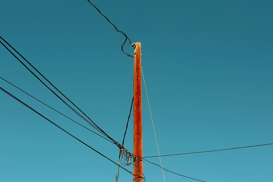brown wooden electric post, pole, cable, wire, sky, electricity HD wallpaper