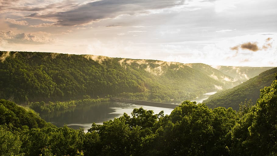 dam, valley, sky, clouds, storm, mist, reservoir, lake, kinzua HD wallpaper