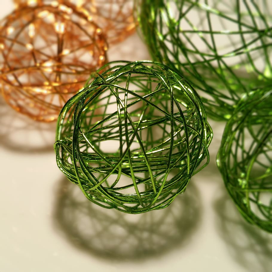 Decoration, Background, Wire, Ball, green, orange, sphere, close-up HD wallpaper