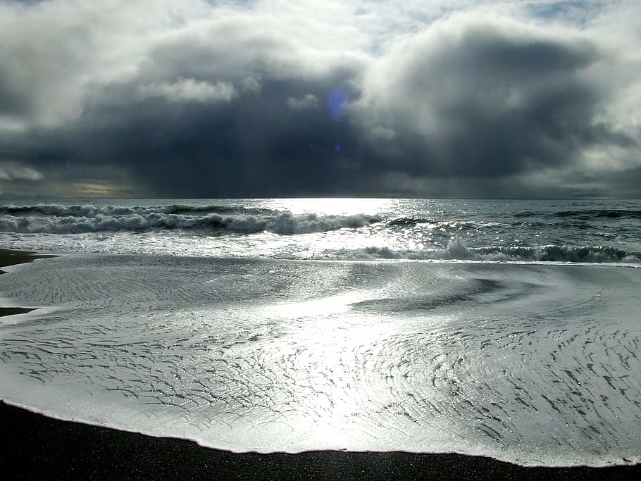 alaska, beach, coast, coastline, ocean, clouds, sun, reflection HD wallpaper