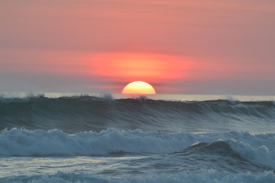 view of sunset, ocean, water, waves, tropical, coast, outdoor, HD wallpaper
