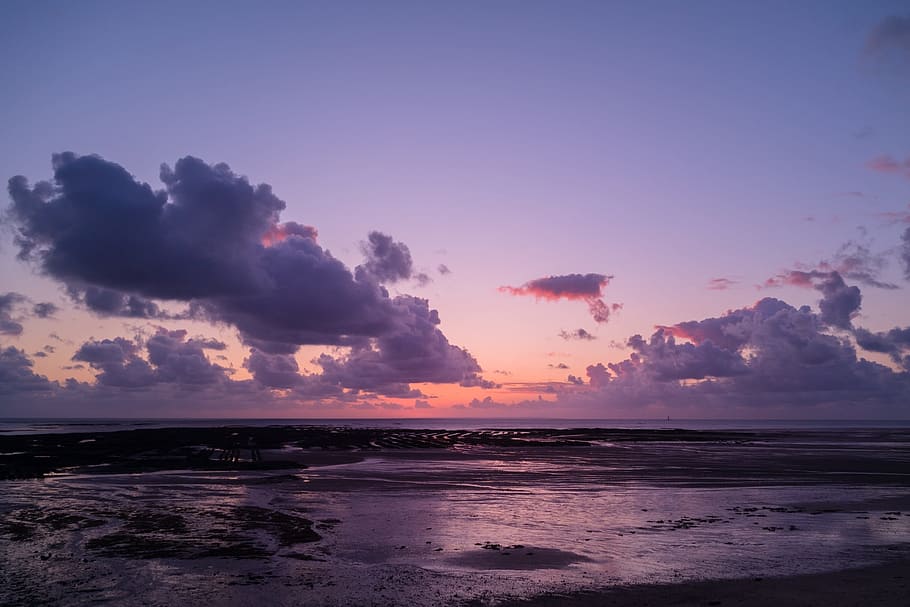 sky, dark, clouds, sunset, sunrise, sea, ocean, shore, beach HD wallpaper