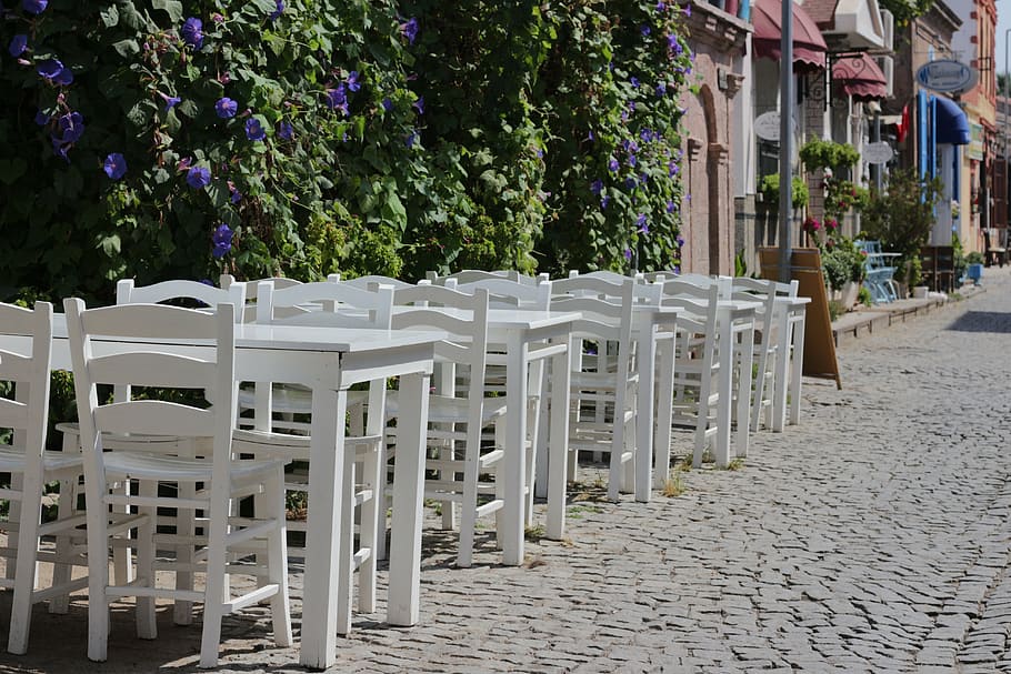 restaurant, chair, cobblestone, plant, architecture, nature HD wallpaper