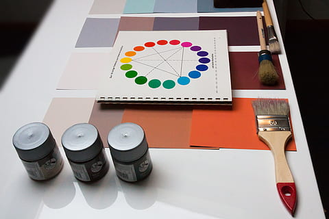 three paint brushes with bottles, color patterns, trend colors HD wallpaper