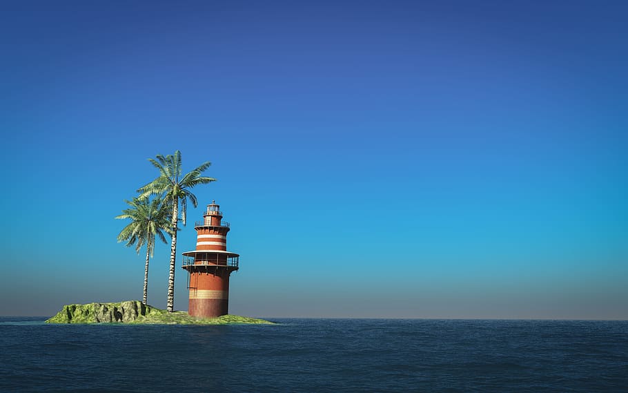 light, sea, beach, water, 3d, animated, daylight, horizon, lighthouse HD wallpaper