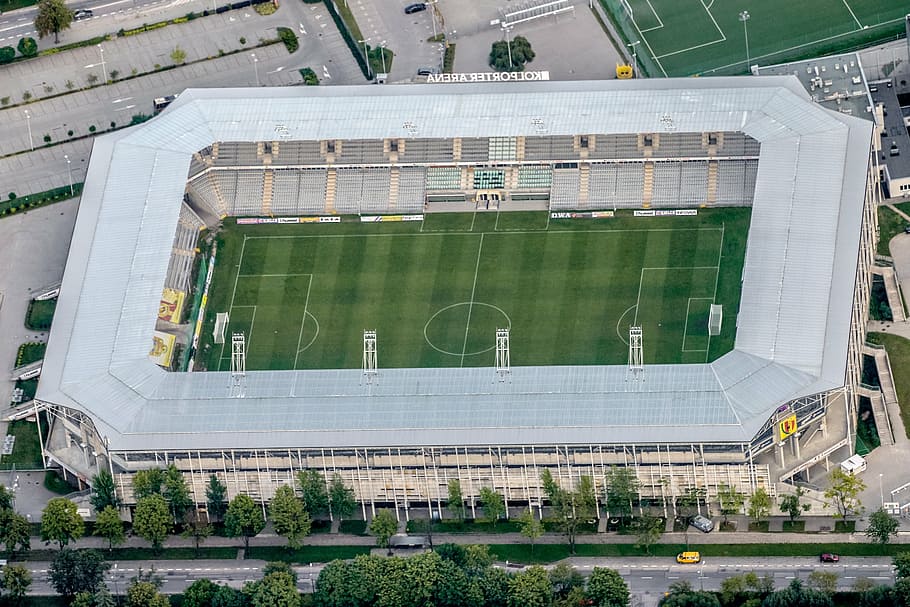 bird's-eye view of soccer stadium, stadion, football, grass, the ball, HD wallpaper