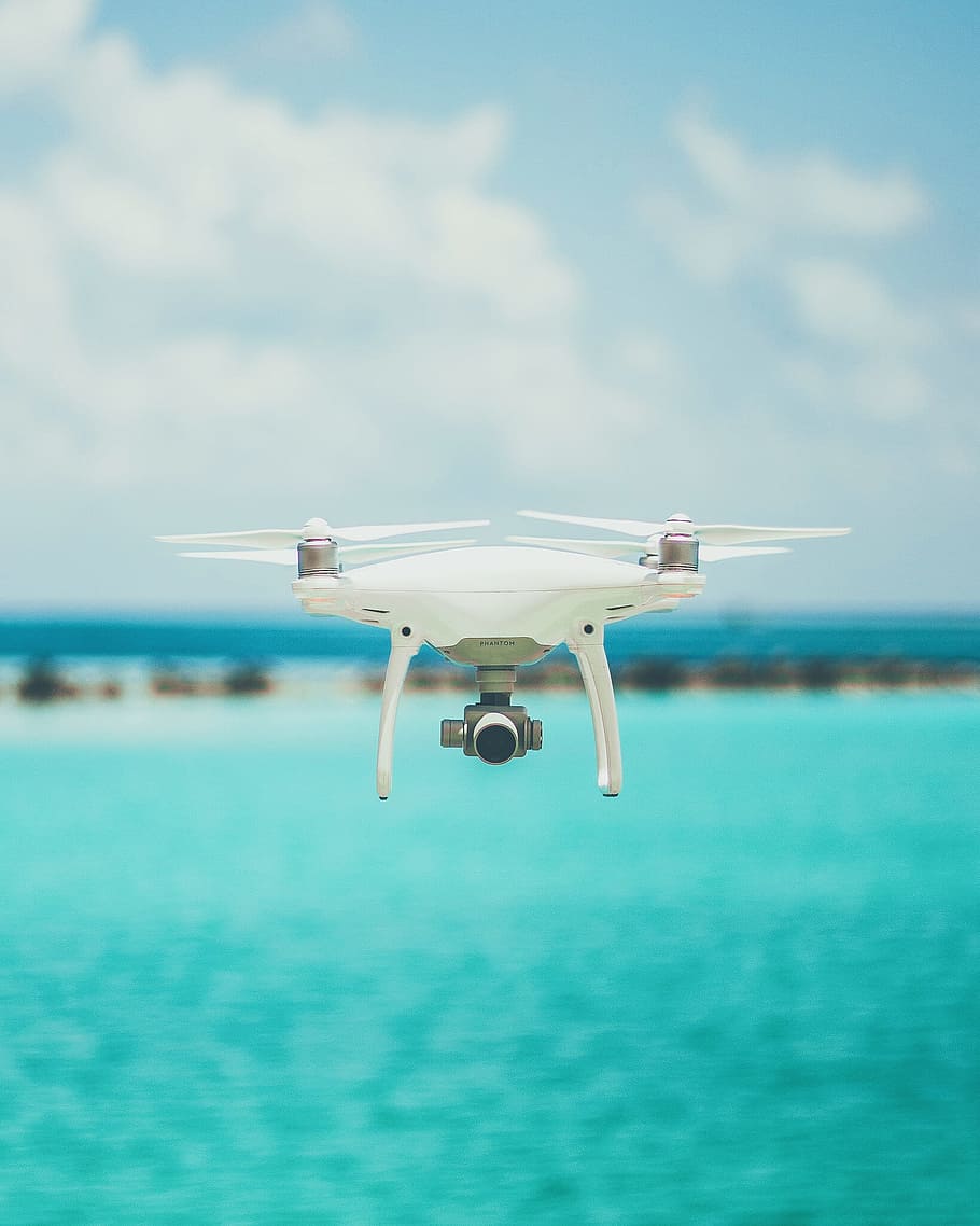 flying drone, selective focus photography of drone, white, phantom HD wallpaper