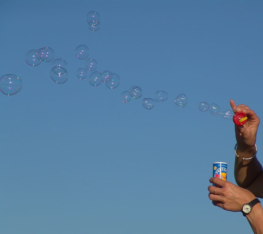 Soap Bubbles, Sky, Blue, bubble Wand, blowing, people, outdoors HD wallpaper