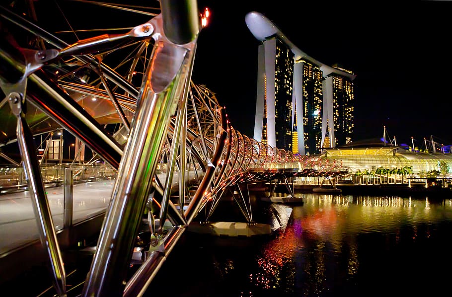 Marina Bay Sands hotel, Singapore, commercial, night view, sea, HD wallpaper
